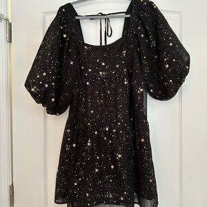 Nasty Gal black mini puff dress with gold stars